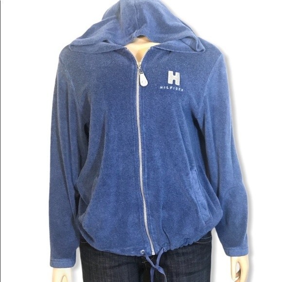90s Tommy Hilfiger Variety Fleece Jacket Hoodie Blue full zip Logo size M - Picture 4 of 15